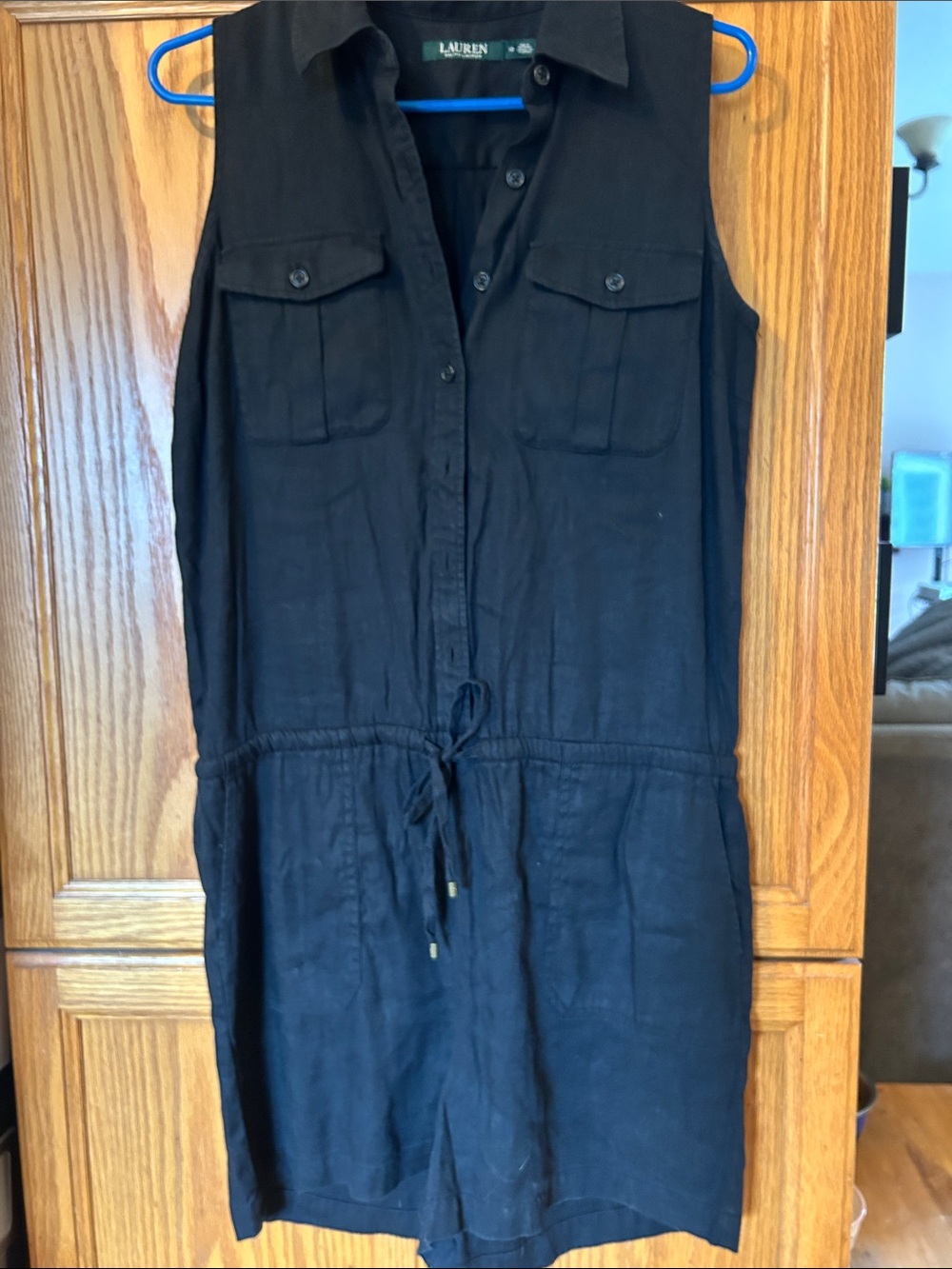 Lauren Ralph Lauren Black Sleeveless Button-Front Drawstring Romper